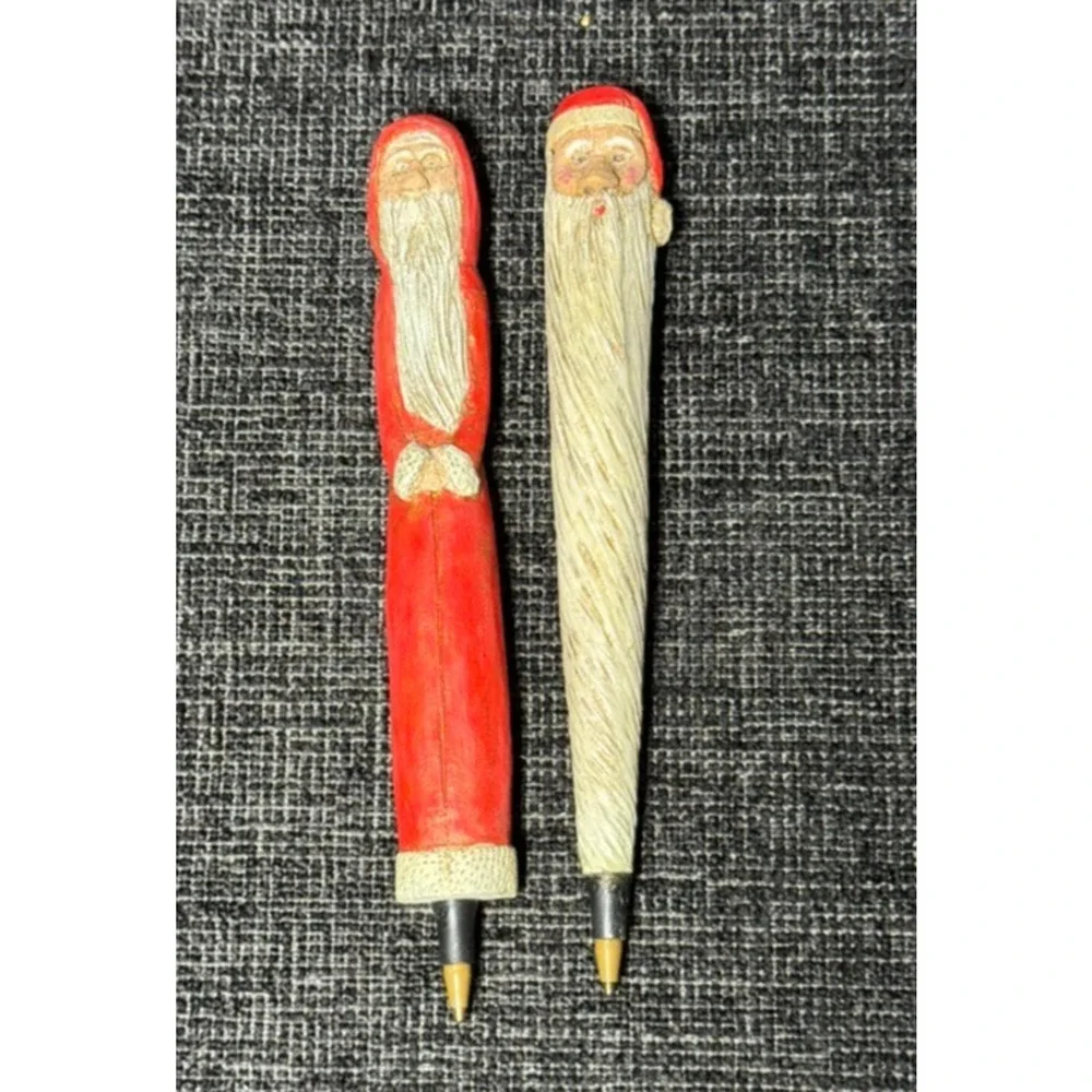 Wood Carved Santa - Long Skinny Pen Santa Claus Figurine